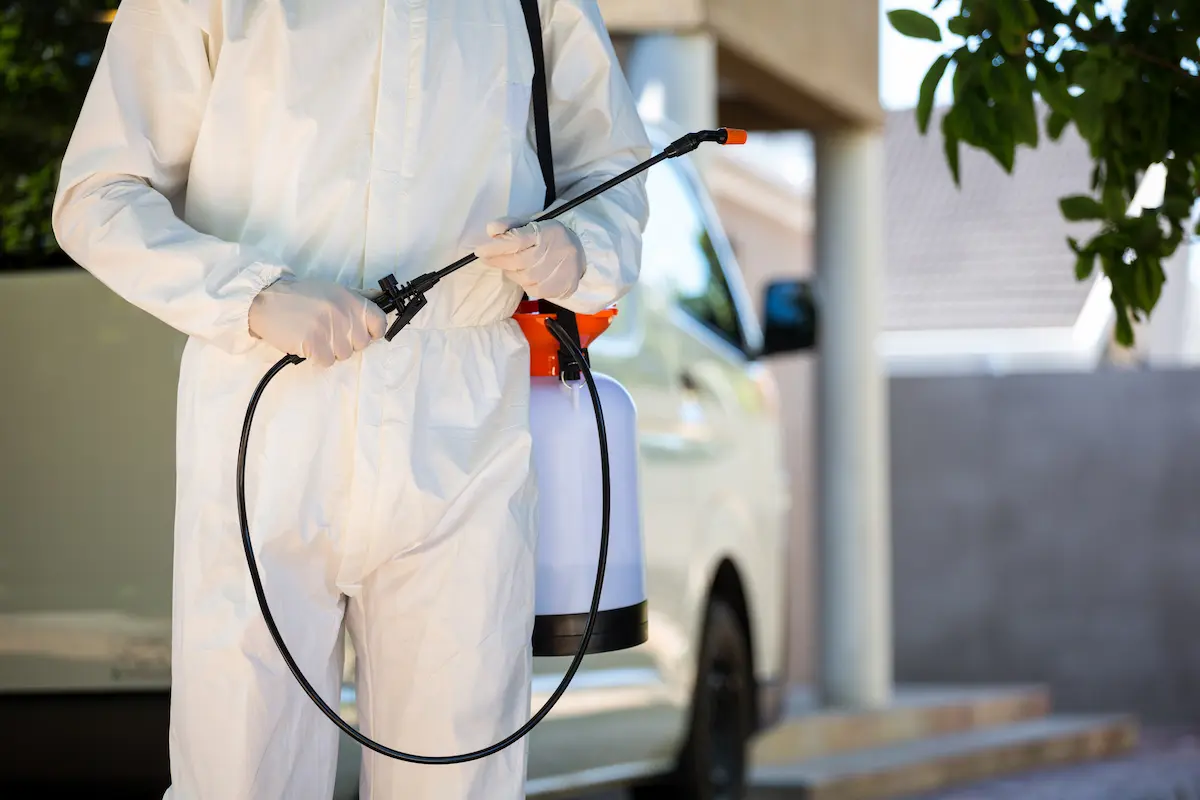 Man dressed in a protective suit exterminating pests within a house.
